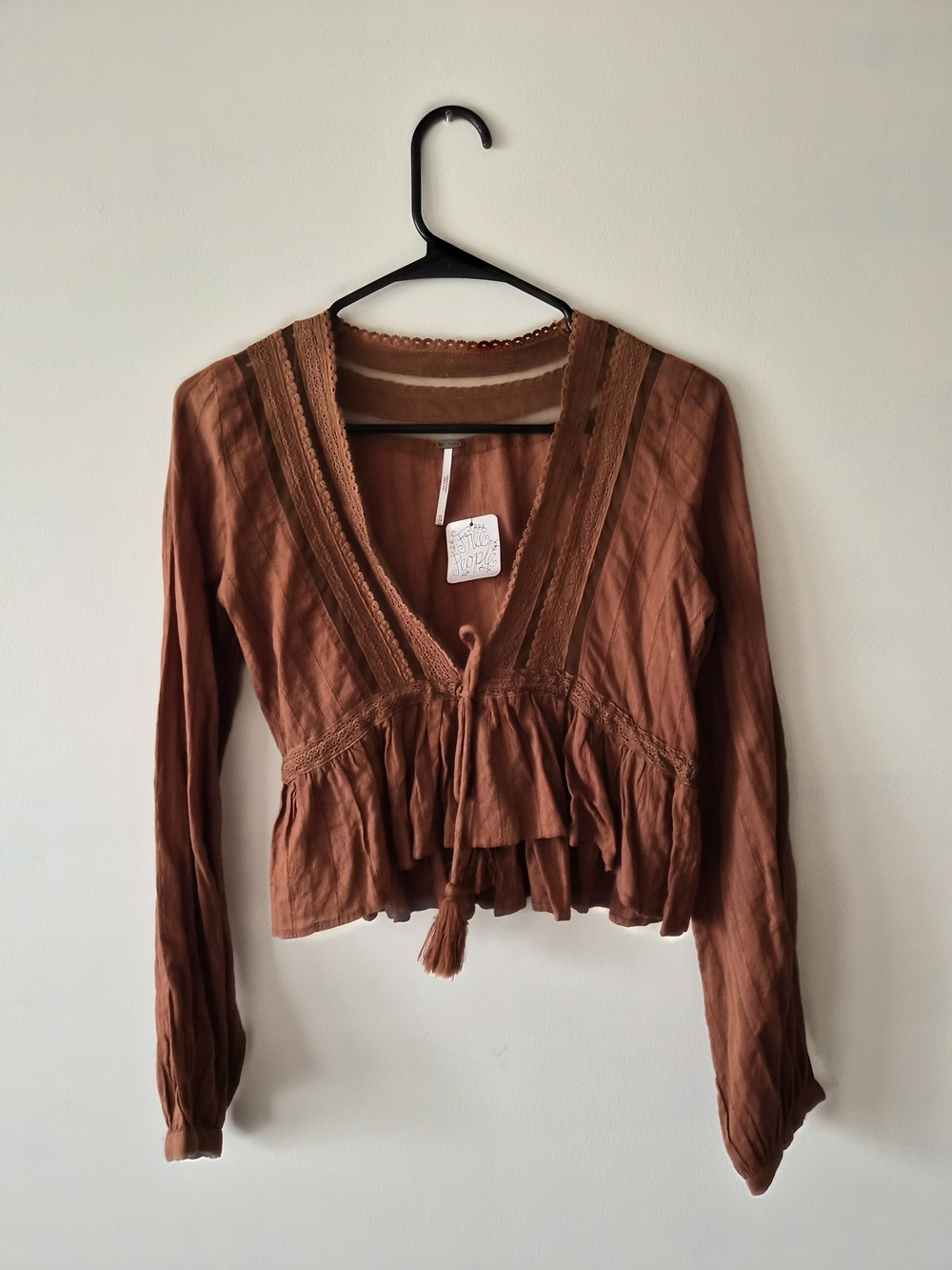 Free People Rust Brown Tie-Front Peasant Blouse